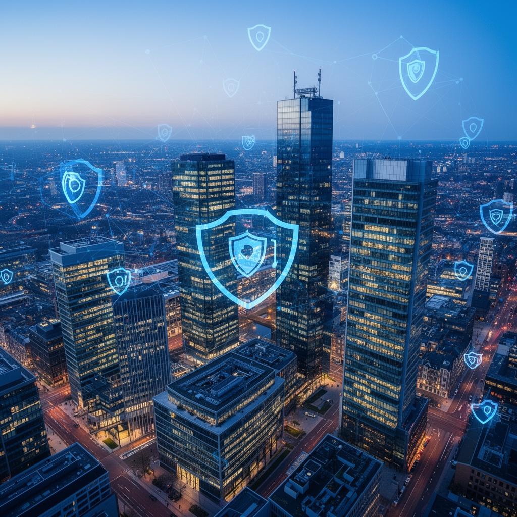 Nederlandse zakelijke skyline met digitaal beveiligingsnetwerk
